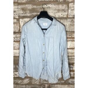 T/S womens blue jean button up long sleeved bottom freid shirt‎ S